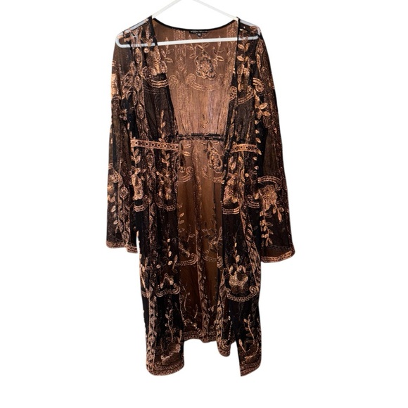 Haute Monde Black Kimono Sheer Cover-up Brown Floral Embroidered Size M - Picture 1 of 5